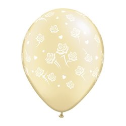 11" Printed Latex Balloons, Hearts and Roses-A-Round Pearl Ivory, Qualatex 90388, Pack of 100 pieces