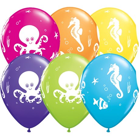11" Printed Latex Balloons, Fun Sea Creatures Asortate, Qualatex 28983, Pack of 25 Pieces