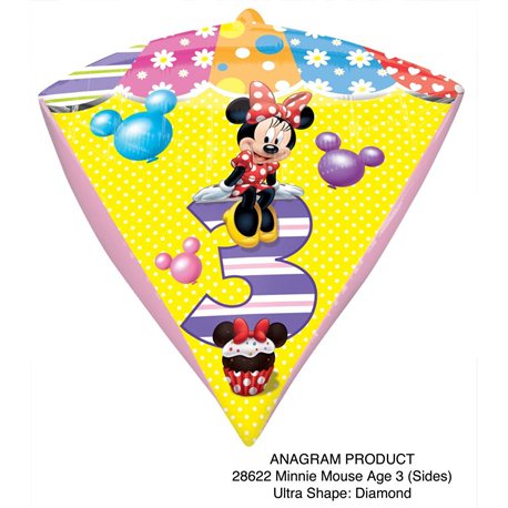 Minnie Mouse Age 3 - Diamondz Foil Balloons, Anagram, 15"x17", 28621