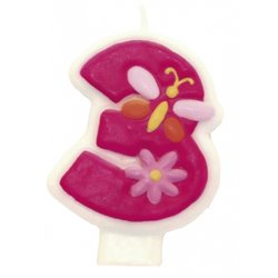 Lumanare aniversara Cifra 3 pentru tort cu floricele roz, Amscan RM551743, 1 buc