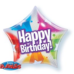 Balon Bubble Happy Birthday cu Stelute si Buline - 22"/56cm, Qualatex 13758, 1 buc