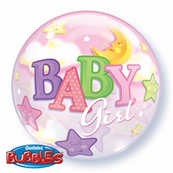 Baby Girl Moon & Stars Bubble Balloon - 22"/56cm, Qualatex 23598, 1 piece