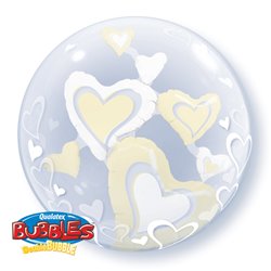 White & Ivory Floating Hearts Double Bubble Balloon - 24"/61cm, Qualatex 29489, 1 piece