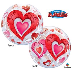 Red Hearts & Filigree Bubble Balloon - 22"/56cm, Qualatex 33909, 1 piece